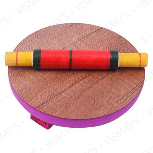 VISMAY'S Wooden Small Size Rolling Pin, Belan and Rolling Board, Chakla for Cooking Purpose_Specially for Kids (Colors Assorted) Color - Brown