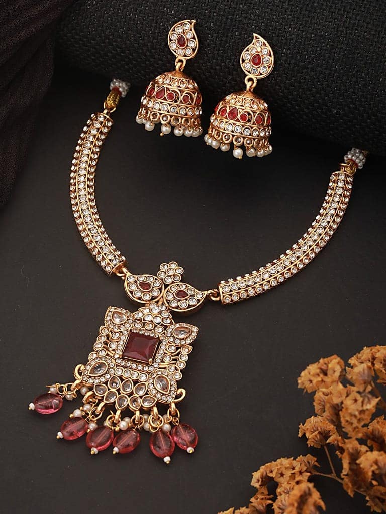 Gold Plated Red Zircon & Pearl Beaded Floral Pipe Pendant Jewellery Set With Jhumka view 2