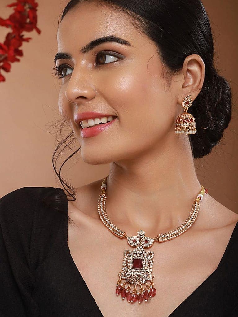 Gold Plated Red Zircon & Pearl Beaded Floral Pipe Pendant Jewellery Set With Jhumka view 3