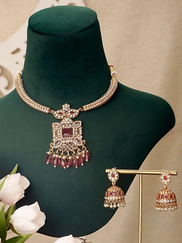 Gold Plated Red Zircon & Pearl Beaded Floral Pipe Pendant Jewellery Set With Jhumka view 4