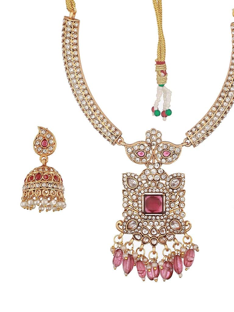 Gold Plated Red Zircon & Pearl Beaded Floral Pipe Pendant Jewellery Set With Jhumka view 5