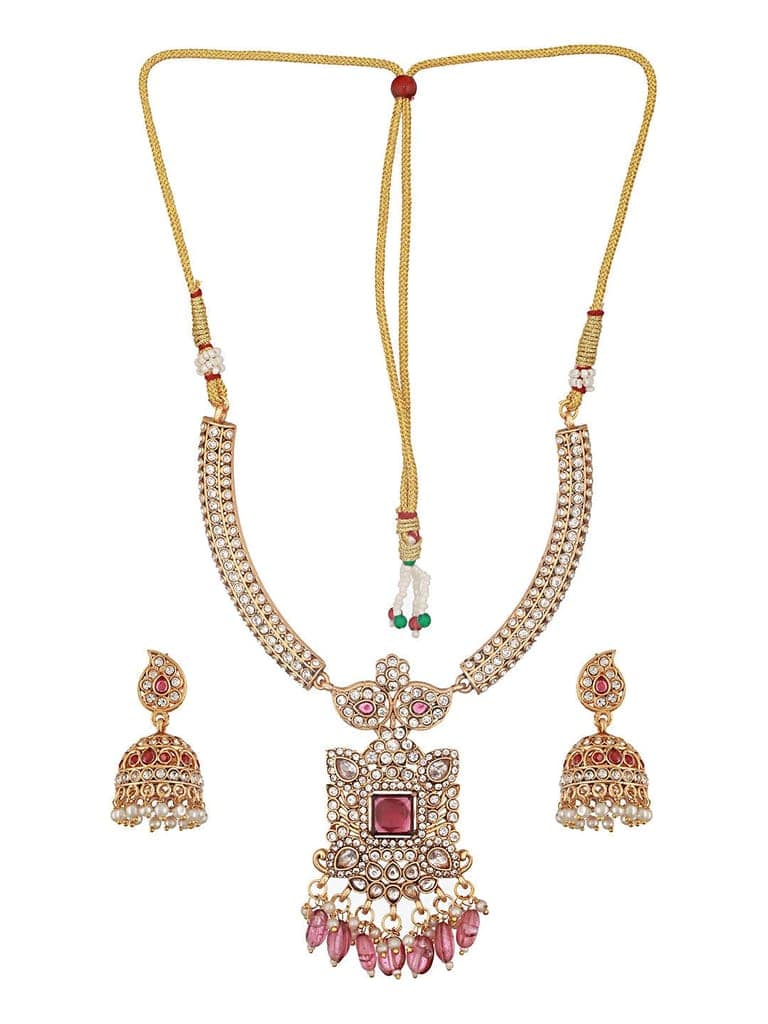 Gold Plated Red Zircon & Pearl Beaded Floral Pipe Pendant Jewellery Set With Jhumka view 6