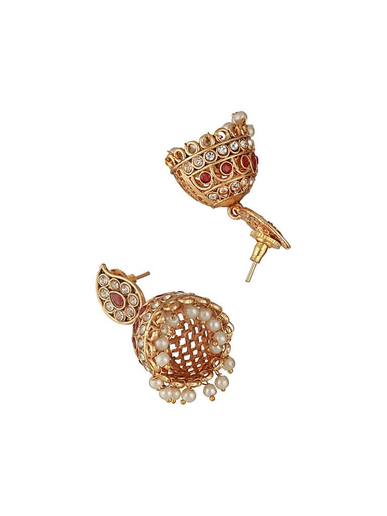 Gold Plated Red Zircon & Pearl Beaded Floral Pipe Pendant Jewellery Set With Jhumka view 7