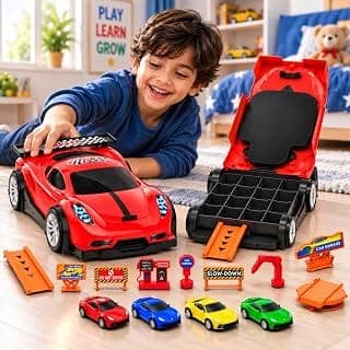 Mirana Car-in-Car Garage Toy Playset for Kids, Includes Any 4 Diecast Metal Cars & Accessories, Foldable Storage for Upto 16 Mini Cars, Birthday for Boys & Girls 18 Months+ (Red)