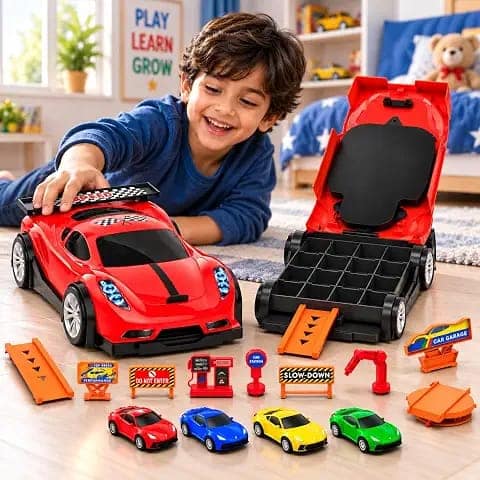 Mirana Car-in-Car Garage Toy Playset for Kids, Includes Any 4 Diecast Metal Cars & Accessories, Foldable Storage for Upto 16 Mini Cars, Birthday for Boys & Girls 18 Months+ (Red) view 2