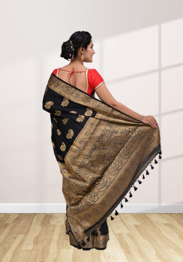 Black Semi Silk Saree With Modish Design and Zari Border view 2