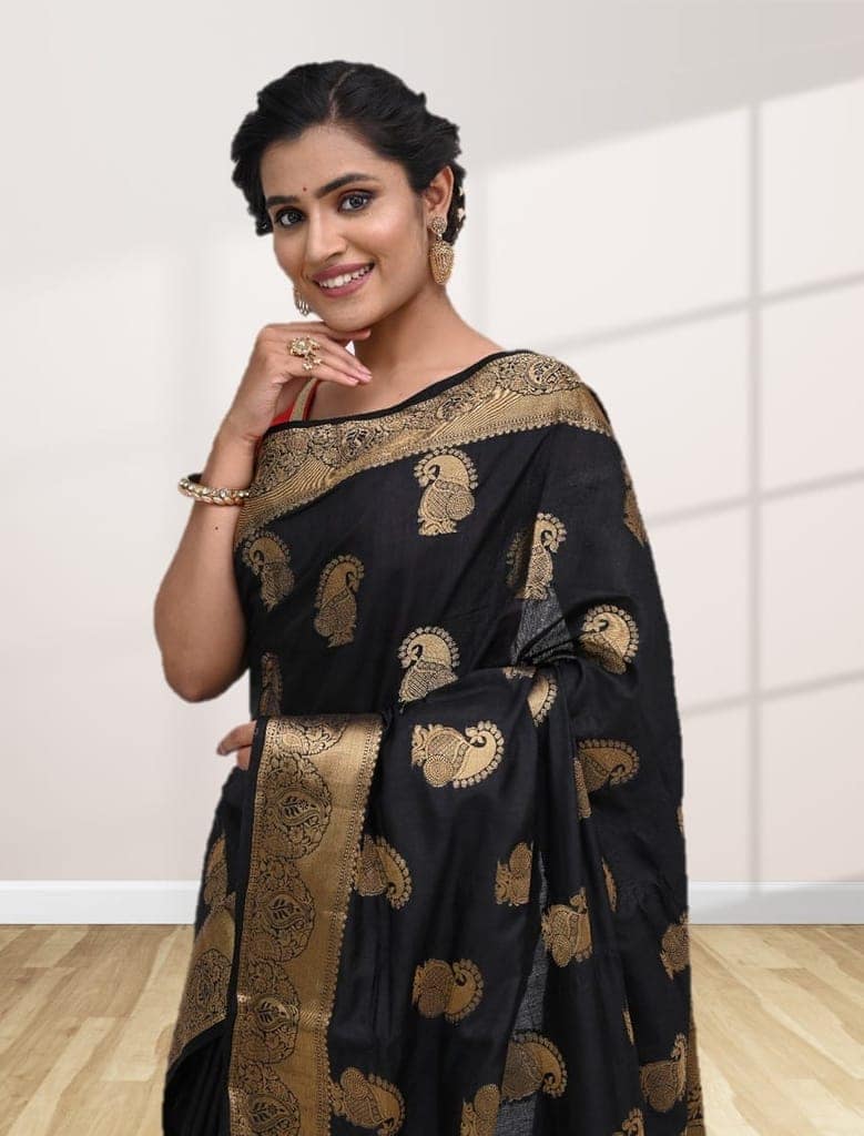 Black Semi Silk Saree With Modish Design and Zari Border view 3