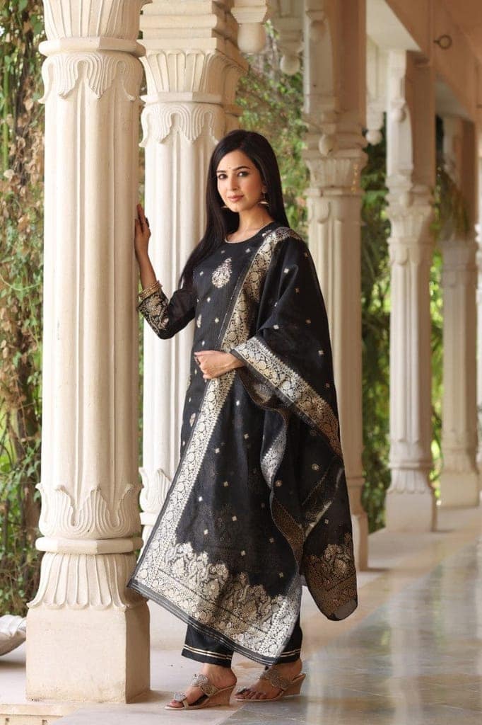 Black Poly Chanderi Ethnic Motifs Straight Suit Set PKSKD1224 view 2