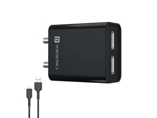 Portronics Adapto 66 2.4A 12w Dual USB Port 5V/2.4A Wall Charger,Comes with 1M Micro USB Cable, USB Wall Charger Adapter for iPhone - Black