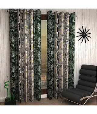 Phyto Home Floral Semi-Transparent Eyelet Long Door Curtain 9 ft Pack of 2 -Green