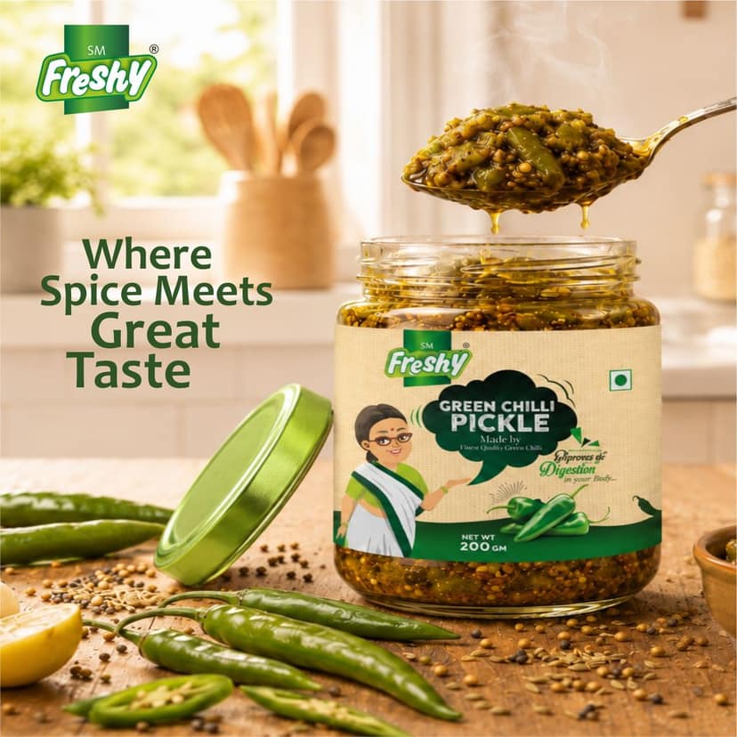 SM Freshy Green Chilli Pickle 200g, Spicy Green Chilli Achaar, Tangy & Flavourful Indian Pickle, Authentic Assam Style, Traditional Recipe, Perfect Meal Companion view 4