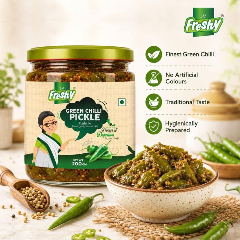 SM Freshy Green Chilli Pickle 200g, Spicy Green Chilli Achaar, Tangy & Flavourful Indian Pickle, Authentic Assam Style, Traditional Recipe, Perfect Meal Companion view 7