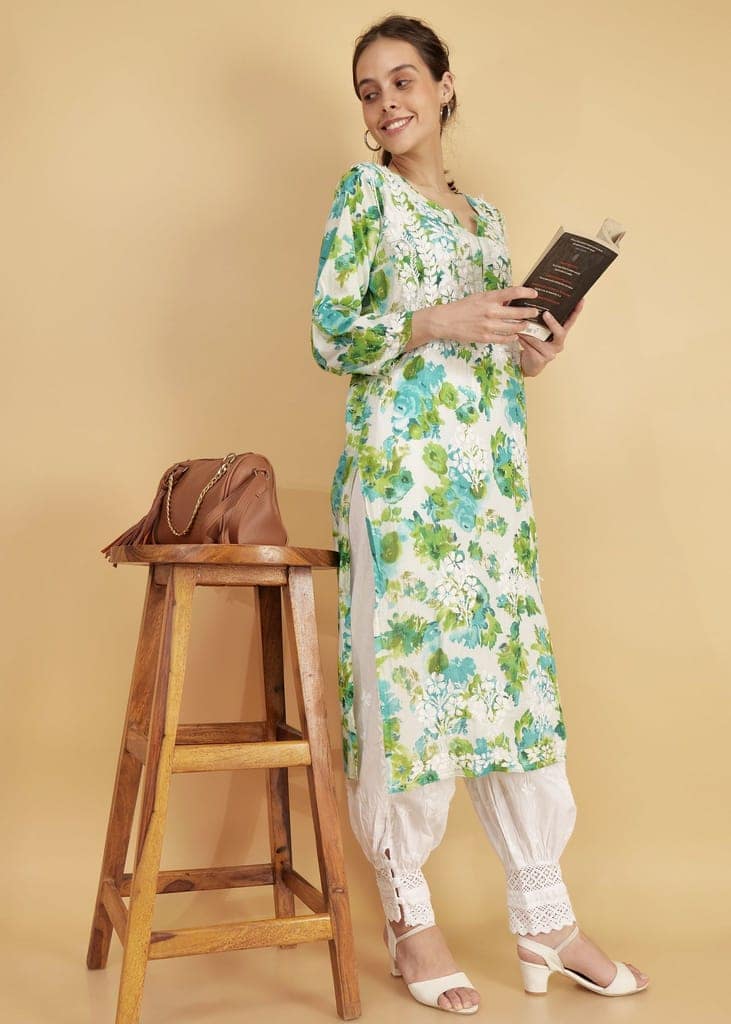 Pure Mulmul Floral Print Green Chikankari Long Straight Kurta view 2