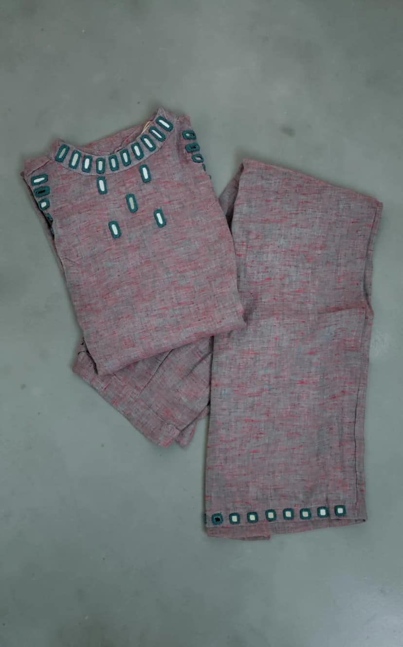 Handloom Cotton Co-Ord Set in Onion Pink with Mirror Work view 5