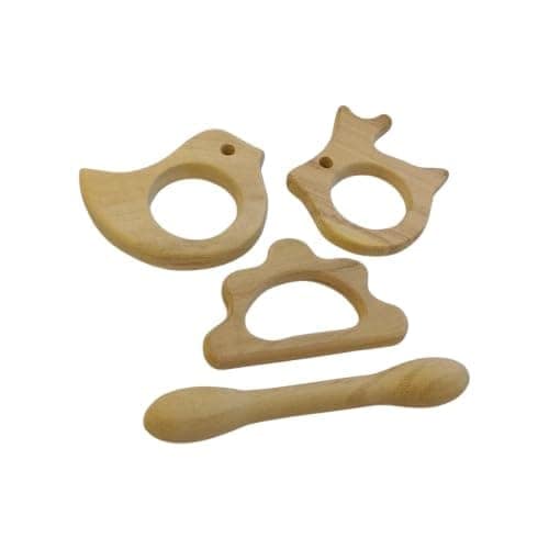 Neemtoys Neem Wooden Pack of 2 Teethers for Babies of Age 0 to 3 Years, Dumbbell, Dove, Cloud and Rabbit Shapes Teether, Teething Toy for Babies with Multiple Textured Surface (Brown)