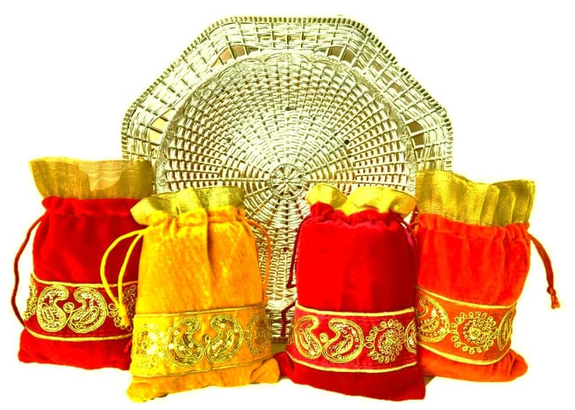 Omkar by R3 Inc. Gold Gift Basket / Bowl with Shagun Potli for Gifts Hampers | Fancy Hamper| Wedding Basket / Pouch for gift Packing (Pack of 5) view 2