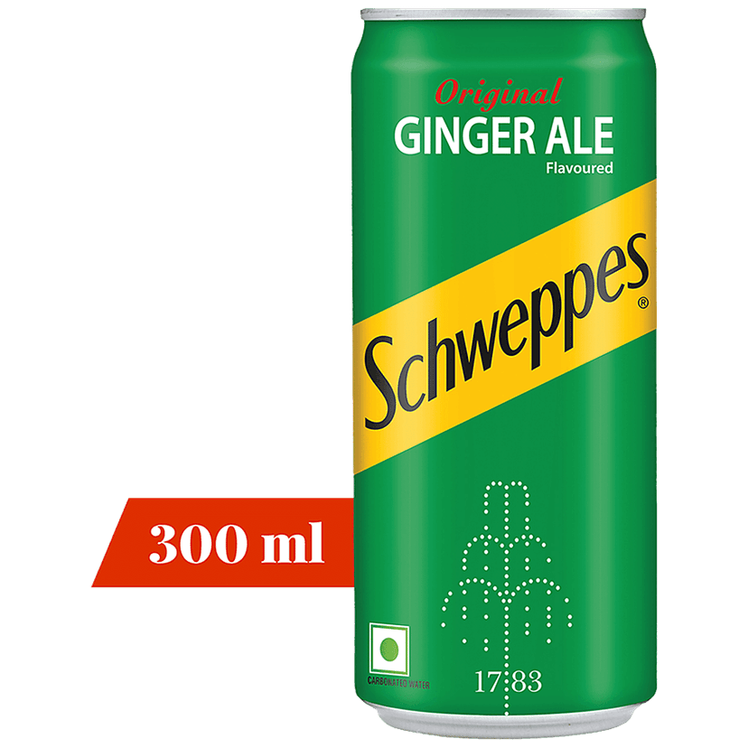 Schweppes Original Ginger Ale Flavoured Soft Drink - Refreshing Taste & Delicious Flavour, 300 Ml Can