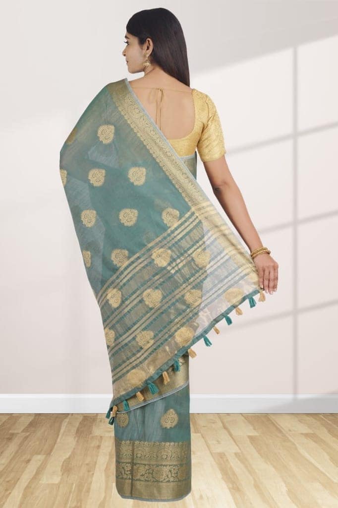 Green Linen Saree With Foil Print view 2