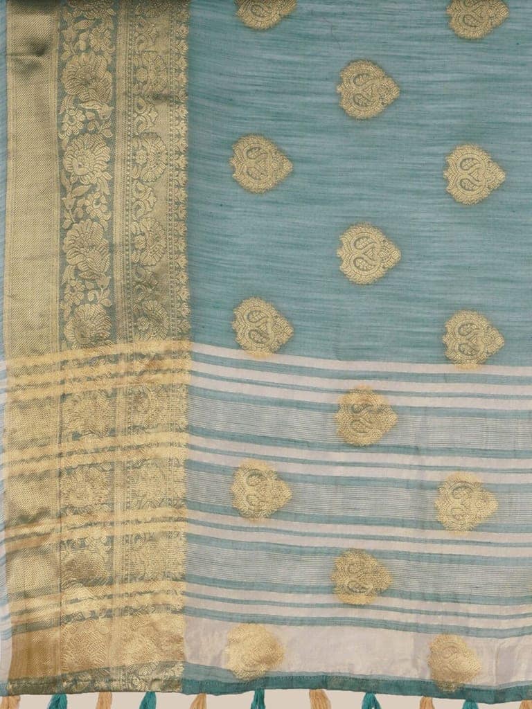 Green Linen Saree With Foil Print view 3
