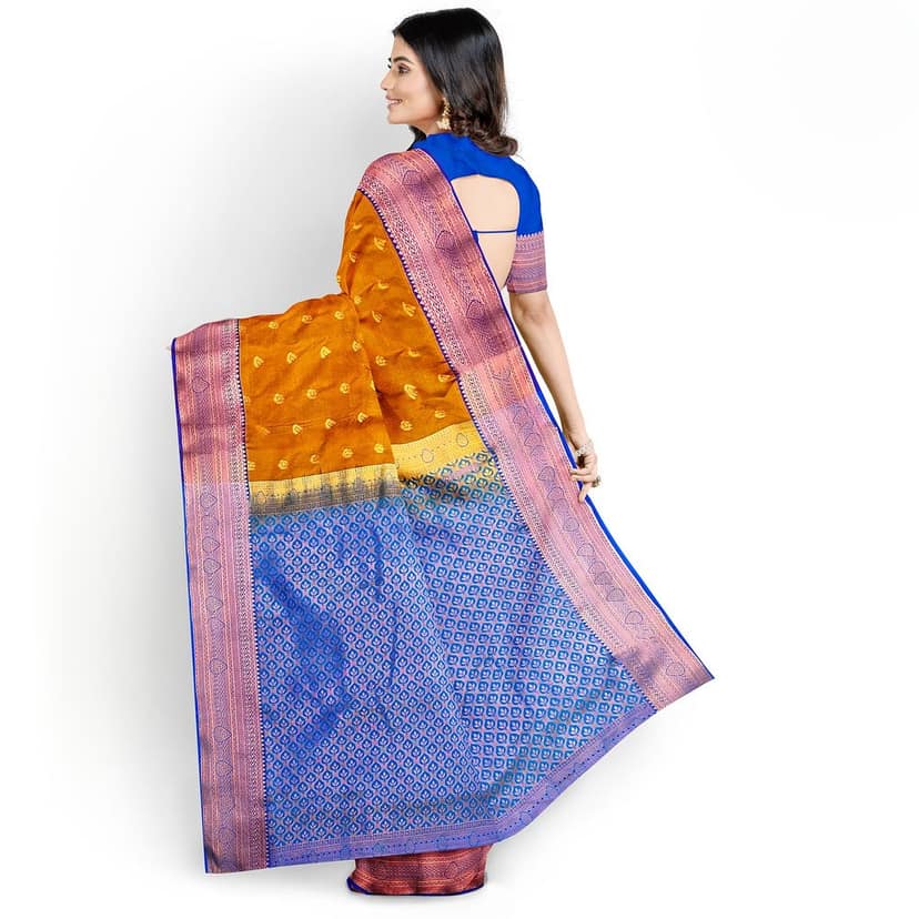 Fire orange body with zari worked blue border 1000 buttas semi silk saree view 2