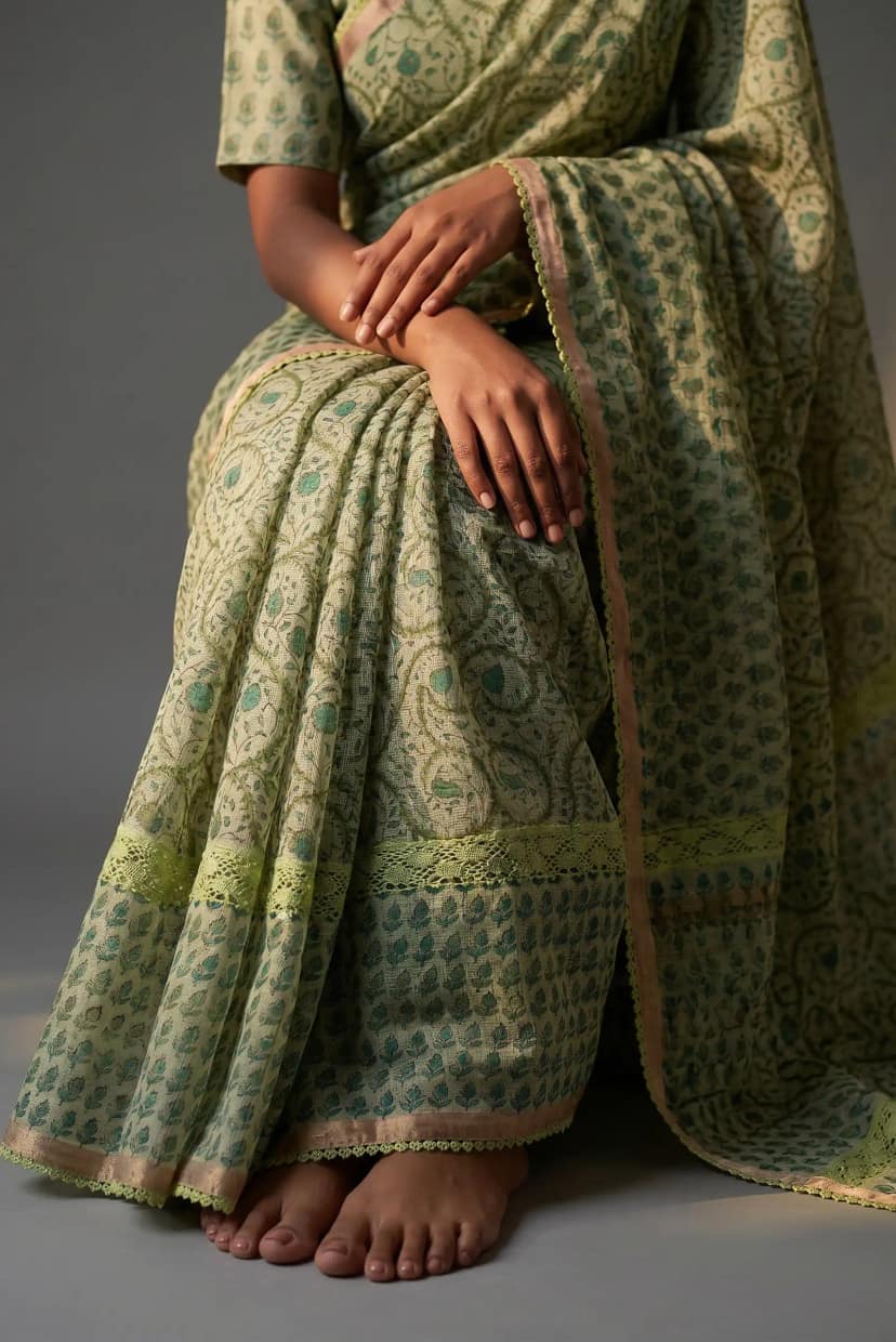 Kota Doria Handloom Saree in Sage Green with Peach Yellow Border view 2