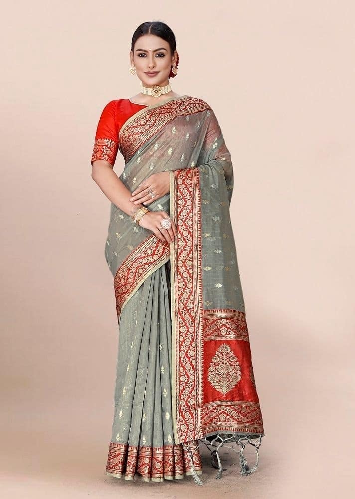 Woven Art Silk Saree in Grey