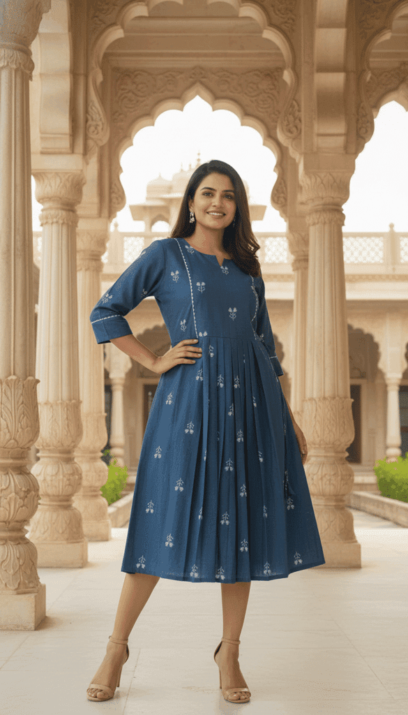 Cotton Printed Long Dress for Women | Anarkali Style | 3/4th Sleeve | Casual & Festive Wear