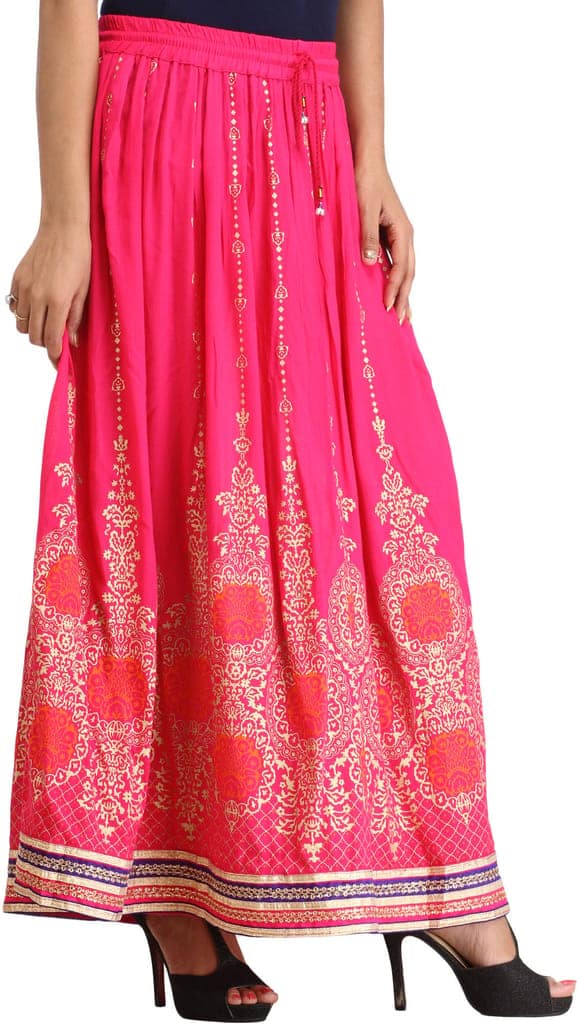Raspberry-Sorbet Embellished Long Skirt with Golden Print and Embroidered Patch Border view 3