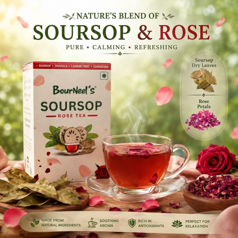 BourNeel's® Soursop Rose Tea Box (20 Bags)|Dipping Tea Bags | Combination of Dry Soursop Leaves & Rose Petals | No Preservatives | Graviola Laxman Phal Dry Leaves | High Vitamin C |Soursop Mint Kadha Tea | view 2