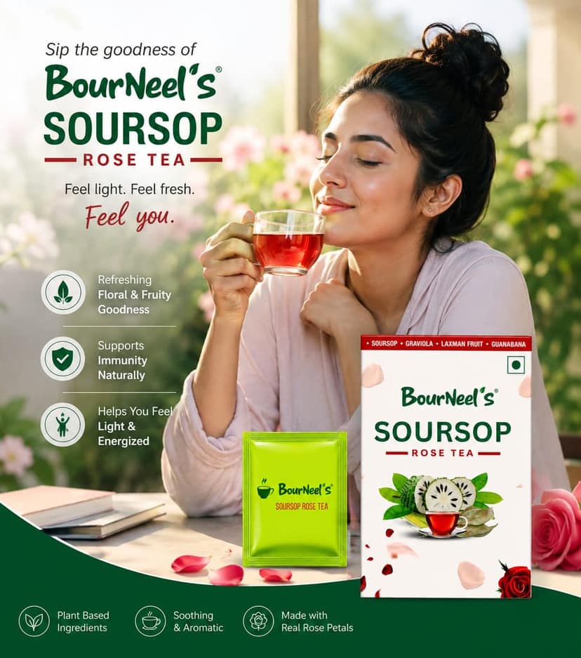 BourNeel's® Soursop Rose Tea Box (20 Bags)|Dipping Tea Bags | Combination of Dry Soursop Leaves & Rose Petals | No Preservatives | Graviola Laxman Phal Dry Leaves | High Vitamin C |Soursop Mint Kadha Tea | view 4