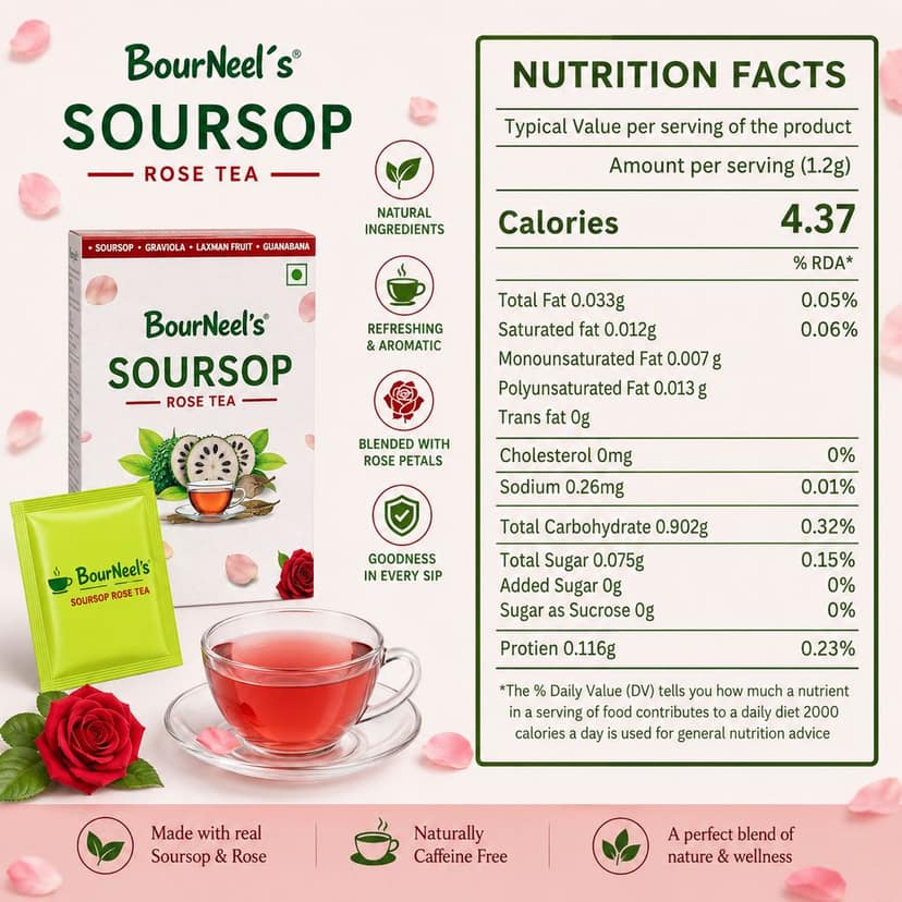 BourNeel's® Soursop Rose Tea Box (20 Bags)|Dipping Tea Bags | Combination of Dry Soursop Leaves & Rose Petals | No Preservatives | Graviola Laxman Phal Dry Leaves | High Vitamin C |Soursop Mint Kadha Tea | view 5