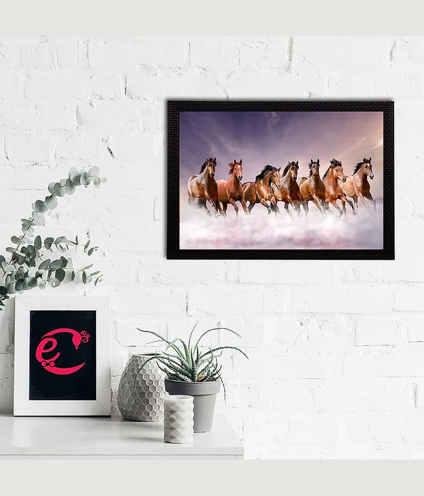eCraftIndia Purple & Brown 7 Lucky Running Horses Satin Matt Texture Framed UV Art Painting view 2