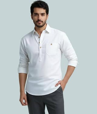 BHUVIKOO Cotton Blend Plain Shirt Style Kurta For Men ( White )