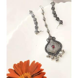 Oxidized silver- plated pink stone maangtika Earcuff Combo (set pack of 1)