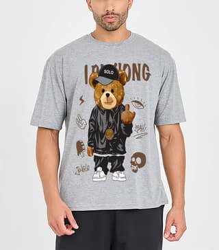 SCOTT FINCHER Men's Graphic T-Shirt Featuring a Teddy Bear in a Black Leather Jacket : AA(ARN)GREY_64