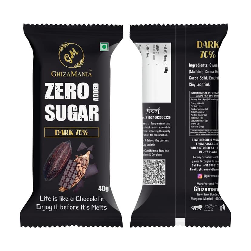GhizaMania 70% Dark Zero Added Sugar | 40g | Pack of 1 | ZeroGuilt Sugar Free Chocolate Bar. | VEGAN & GLUTEN FREE CHOCOLATE BAR. view 3