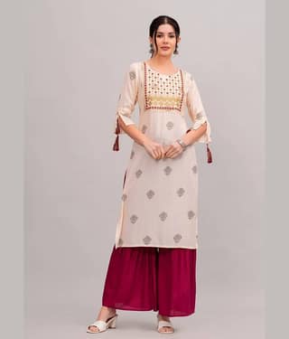 MAUKA Rayon Printed Kurti With Sharara And Gharara Women's Stitched Salwar Suit - Cream ( Pack of 1 )