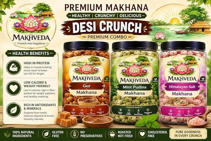 MAKHVEDA - Superfood Desi Crunch Combo Makhana Roasted Fox Nuts Popped Lotus Seeds Healthy Snack Low Calorie High Protein Gluten Free Crunchy and Delicious Flavours Gud Mint Pudina Himalayan Pink Salt view 3