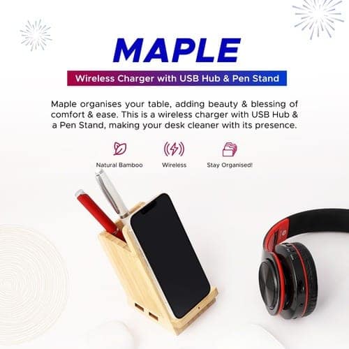 Wangari Maple 15W Wireless charger & USB Hub with Pen Stand view 4