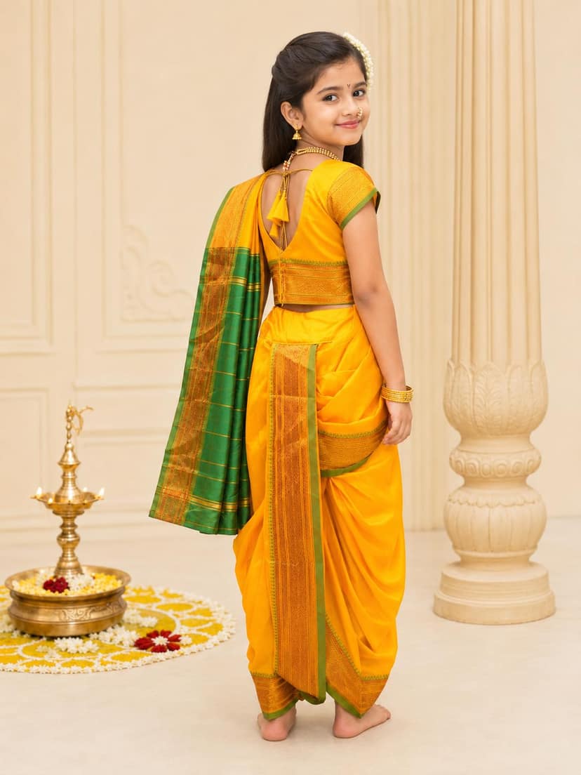 luster Shahi Mastani Nauvari saree for kids/girls Ready-to-wear with a stitched blouse, Traditional Maharashtrian Marathi saree, for School program ganpati pujas festival (Yellow, 15-16 Years) view 2