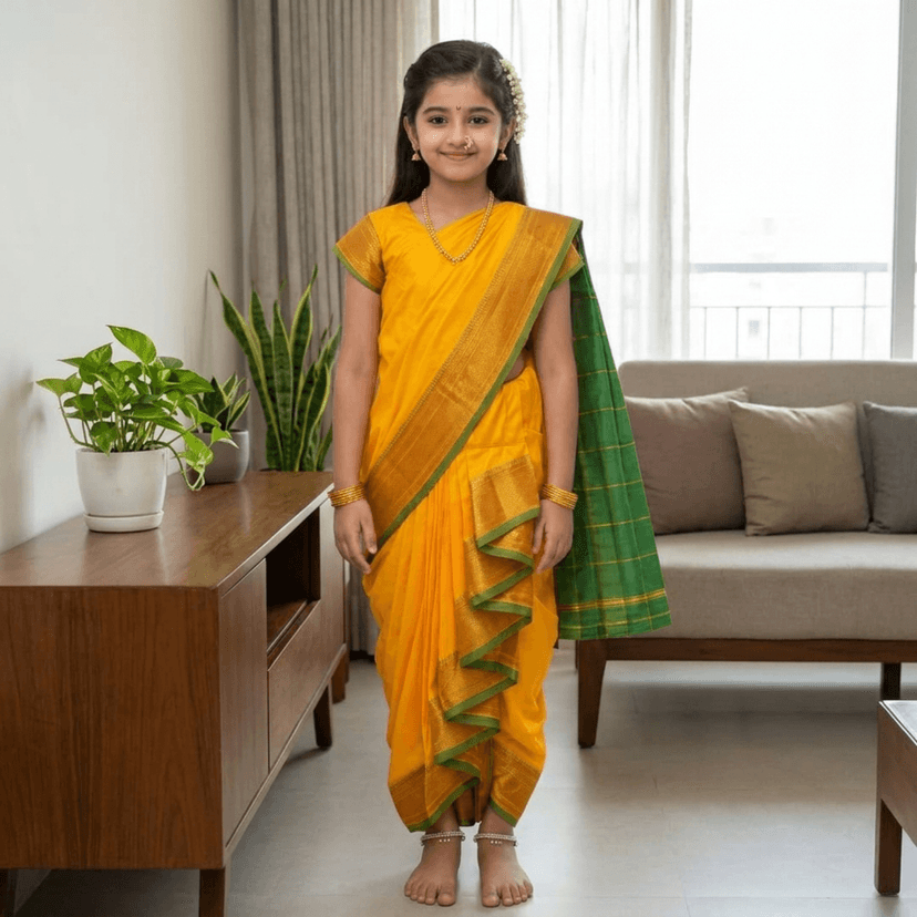 luster Shahi Mastani Nauvari saree for kids/girls Ready-to-wear with a stitched blouse, Traditional Maharashtrian Marathi saree, for School program ganpati pujas festival (Yellow, 15-16 Years) view 3