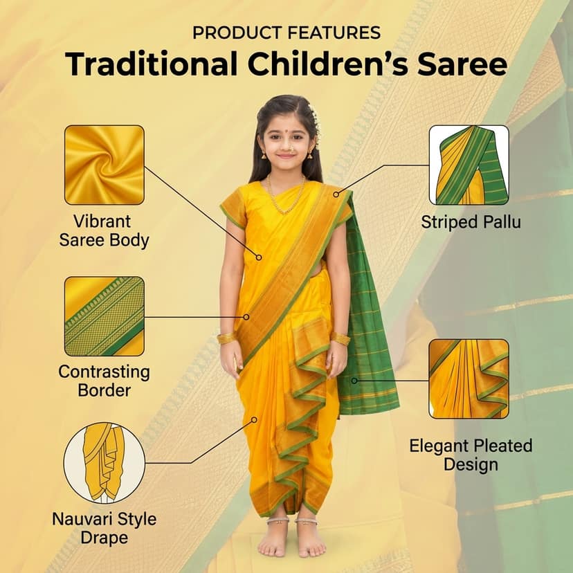 luster Shahi Mastani Nauvari saree for kids/girls Ready-to-wear with a stitched blouse, Traditional Maharashtrian Marathi saree, for School program ganpati pujas festival (Yellow, 15-16 Years) view 4