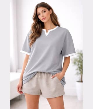 RodZen Women Poly Cotton Oversized Fit V-Neck T-Shirt ( Grey )