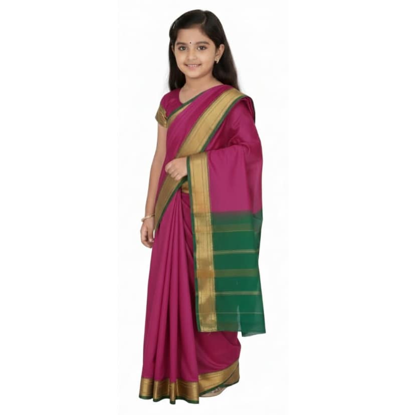 Mom and Me Girls Ethnic Ready-to-Wear Belgaon Silk Saree with Golden Zari Border (Purple)