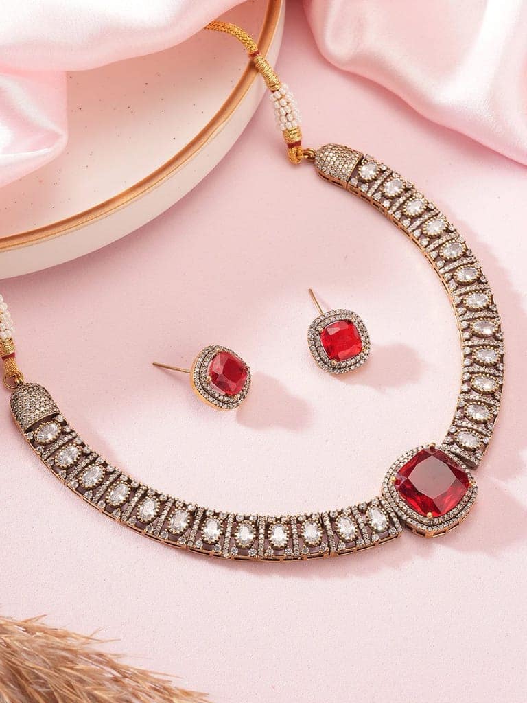 Oxidised Silver Toned Ruby Red AD Zircon Studded Minimal Kundan Choker jewellery Set view 3