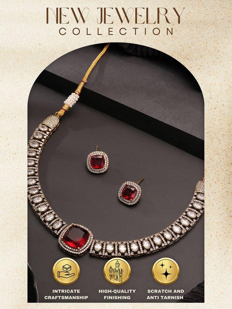 Oxidised Silver Toned Ruby Red AD Zircon Studded Minimal Kundan Choker jewellery Set view 5