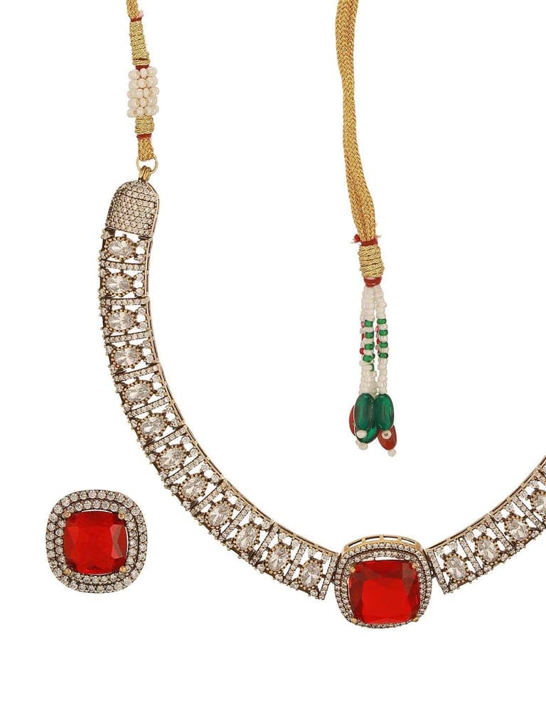 Oxidised Silver Toned Ruby Red AD Zircon Studded Minimal Kundan Choker jewellery Set view 8