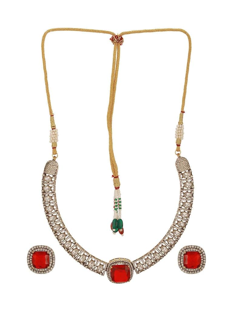 Oxidised Silver Toned Ruby Red AD Zircon Studded Minimal Kundan Choker jewellery Set view 9