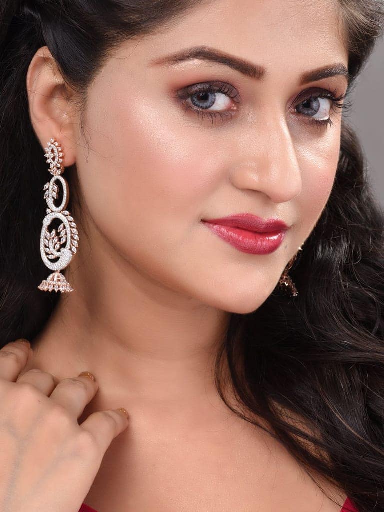Rose Gold Plated White AD Studded Designer Dropdown Jhumki Earrings view 3