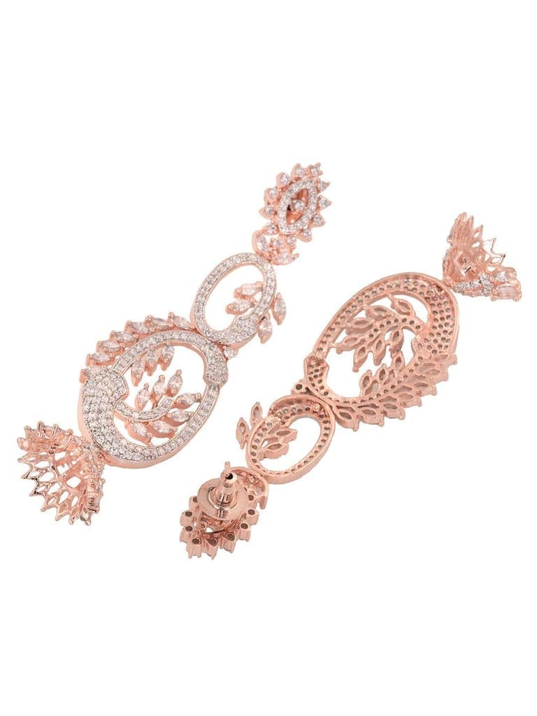 Rose Gold Plated White AD Studded Designer Dropdown Jhumki Earrings view 4